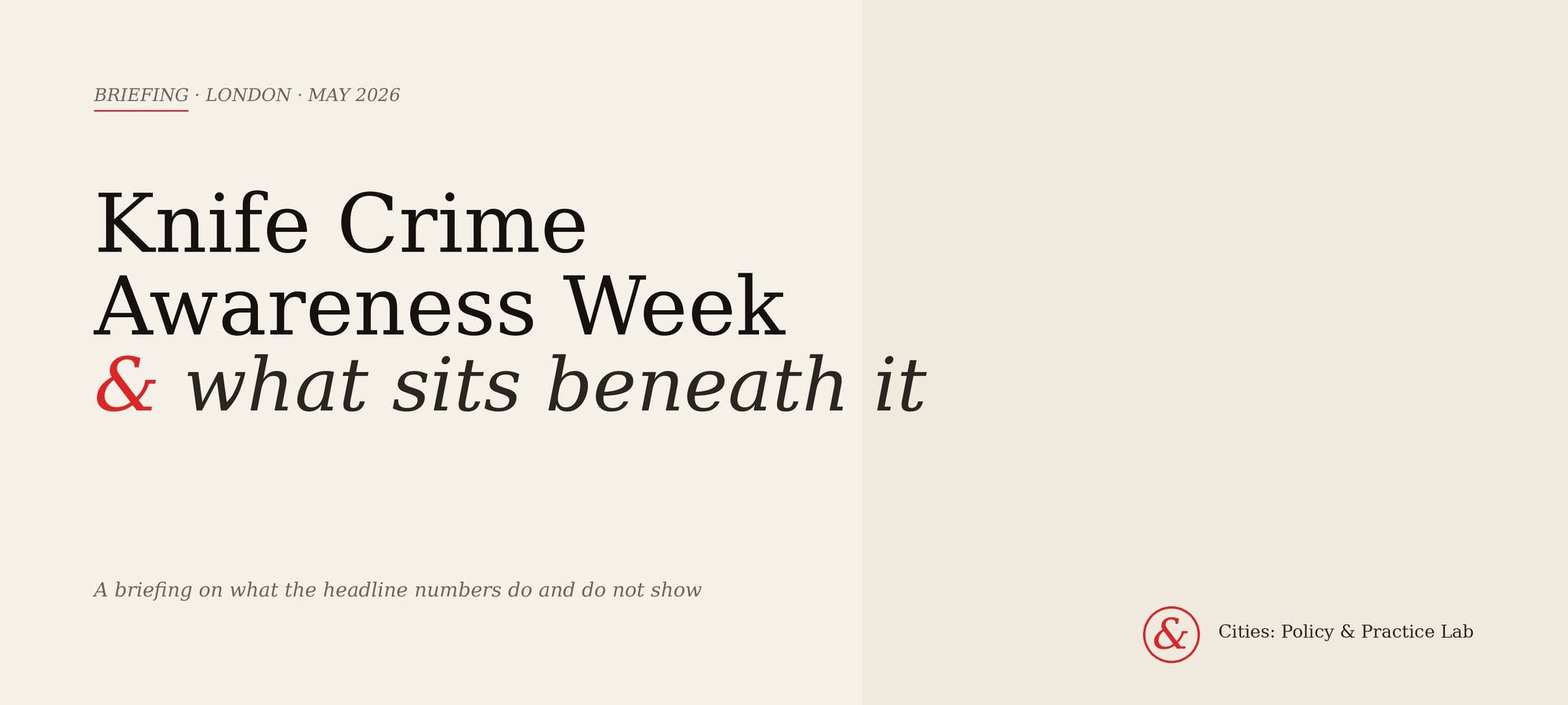 Typographic cover for the briefing, reading 'Knife Crime Awareness Week and what sits beneath it', published by Cities: Policy & Practice Lab